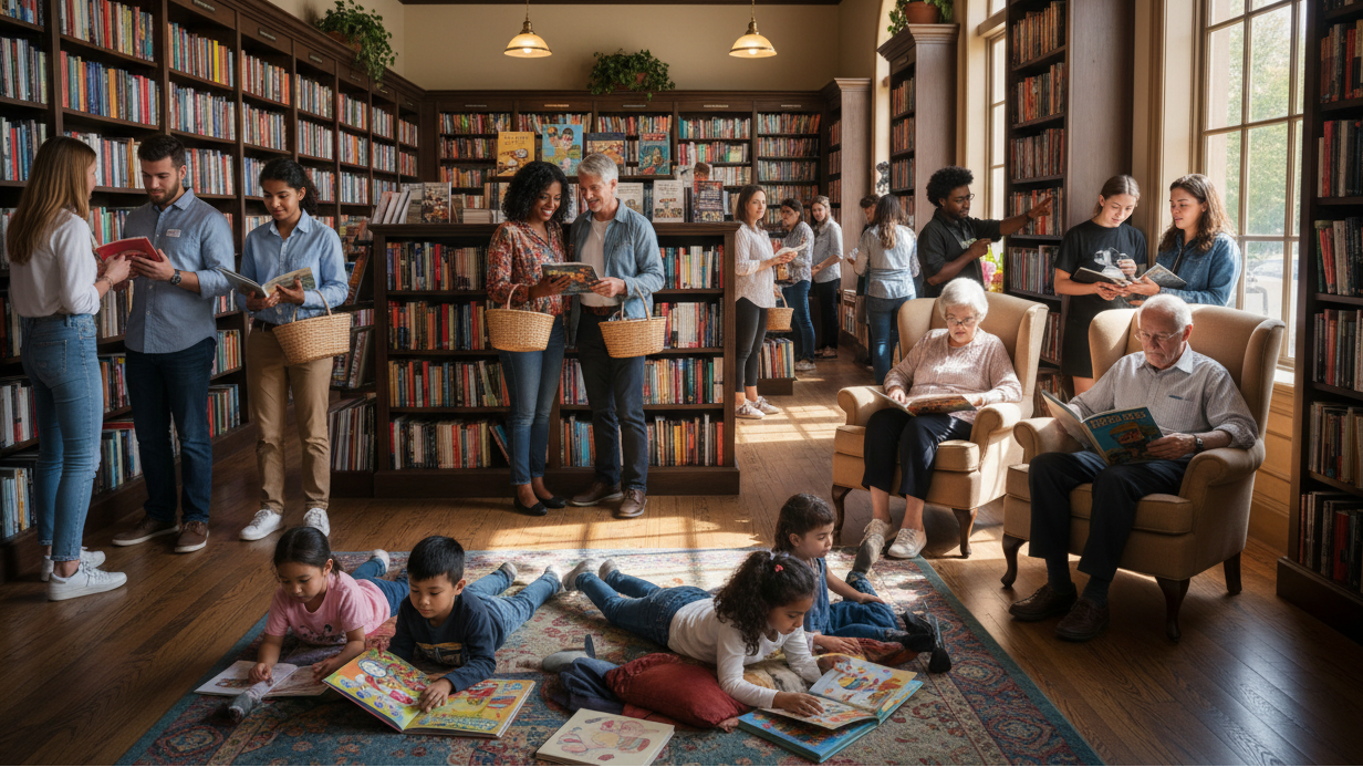 bookstore busy with people of all ages and backgrounds reading and shopping